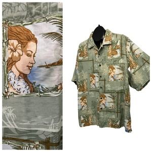 Y2K Hula Girl Print Loop Collar Hawaiian Shirt Short Sleeve / Men’s XL *